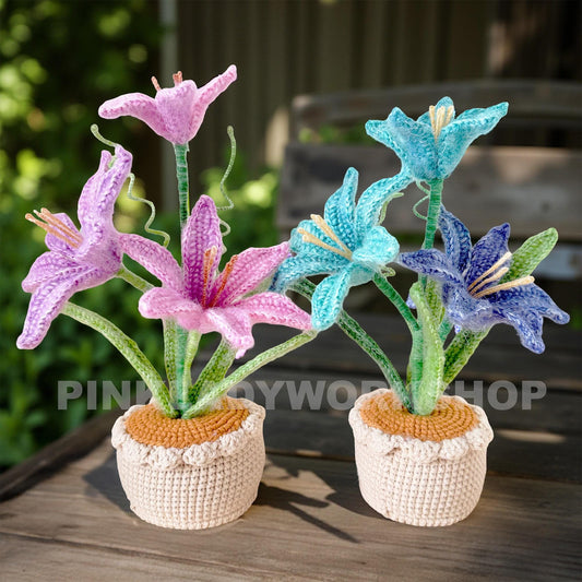 Handmade Crochet Rain Lily Flower Pot | Amigurumi Lily Decor | Gradient Yarn Flower Arrangement | Soft Sculpture Plant Gift | Pink Blue