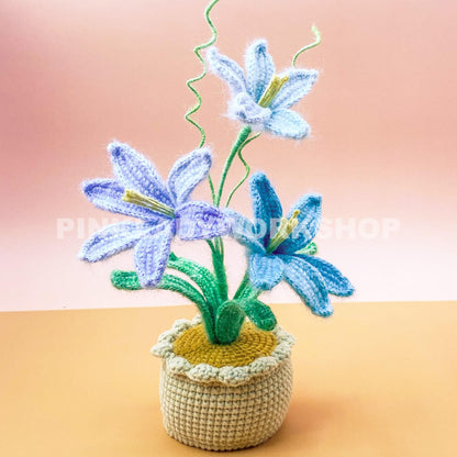 Handmade Crochet Rain Lily Flower Pot | Amigurumi Lily Decor | Gradient Yarn Flower Arrangement | Soft Sculpture Plant Gift | Pink Blue