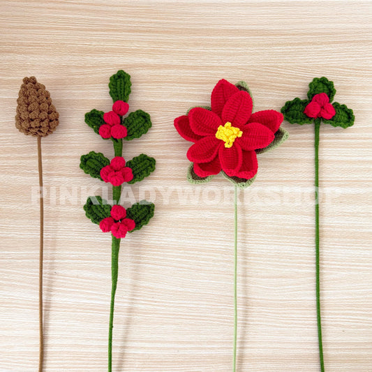 Crochet Christmas Bouquet: Poinsettia, Pine & Holly - Handmade Yarn Decor