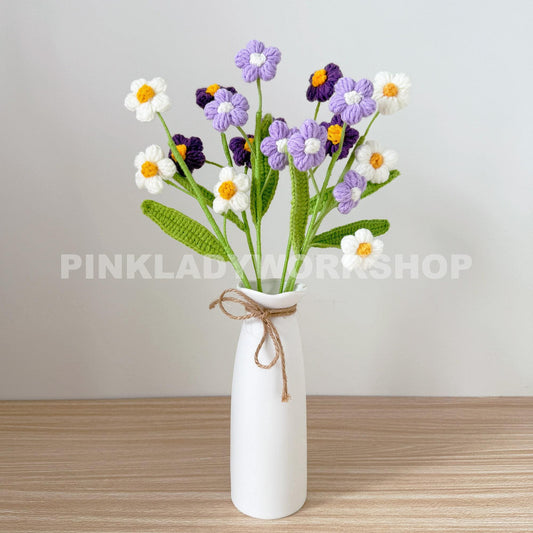 Handmade Crochet Puff Flower Bouquet(no vase) | Purple Yarn Flower Arrangement | Amigurumi Wildflower Decor | Soft Sculpture Floral Gift