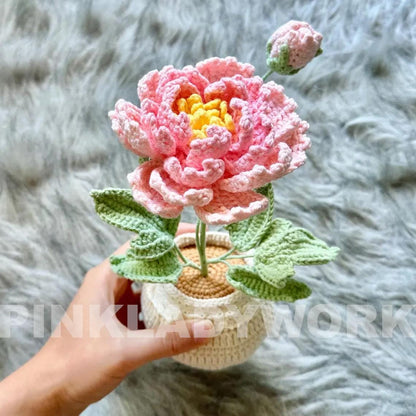 Handmade Crochet Peony Flower Pot: Cotton Yarn Home Decor