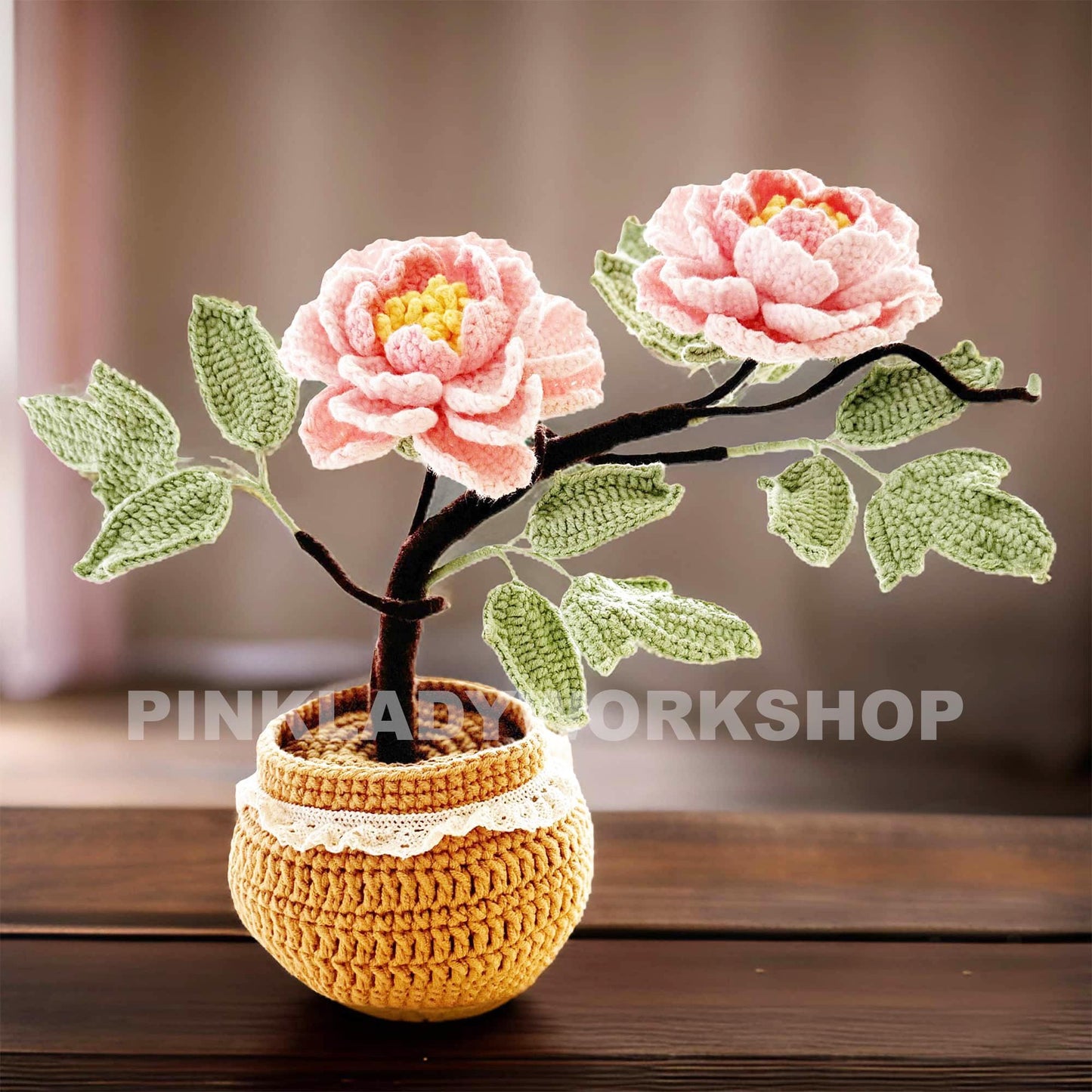 Handmade Crochet Peony Flower Pot: Cotton Yarn Home Decor