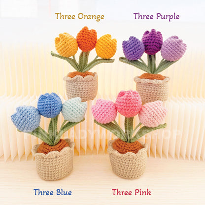 Handmade Crochet Flower Pot (included) Vase (included) | Pink Tulip Decor | Pink Crochet Flower | Decorative Plants | Crochet Flowers