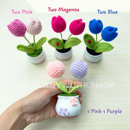 Handmade Crochet Flower Pot (included) Vase (included) | Pink Tulip Decor | Pink Crochet Flower | Decorative Plants | Crochet Flowers