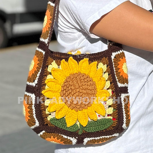Crochet Sunflower Granny Square Shoulder Bag: Handmade Yarn Purse