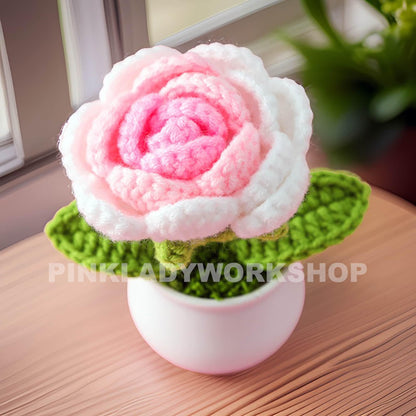 Handmade Crochet Pink Rose Pot: Yarn Flower Decor