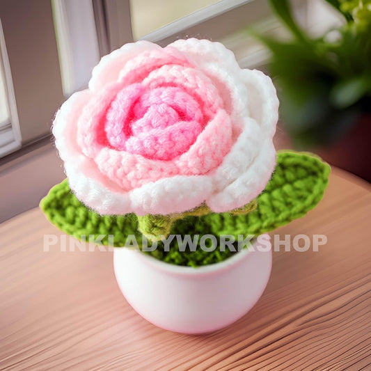 Handmade Crochet Pink Rose Pot: Yarn Flower Decor