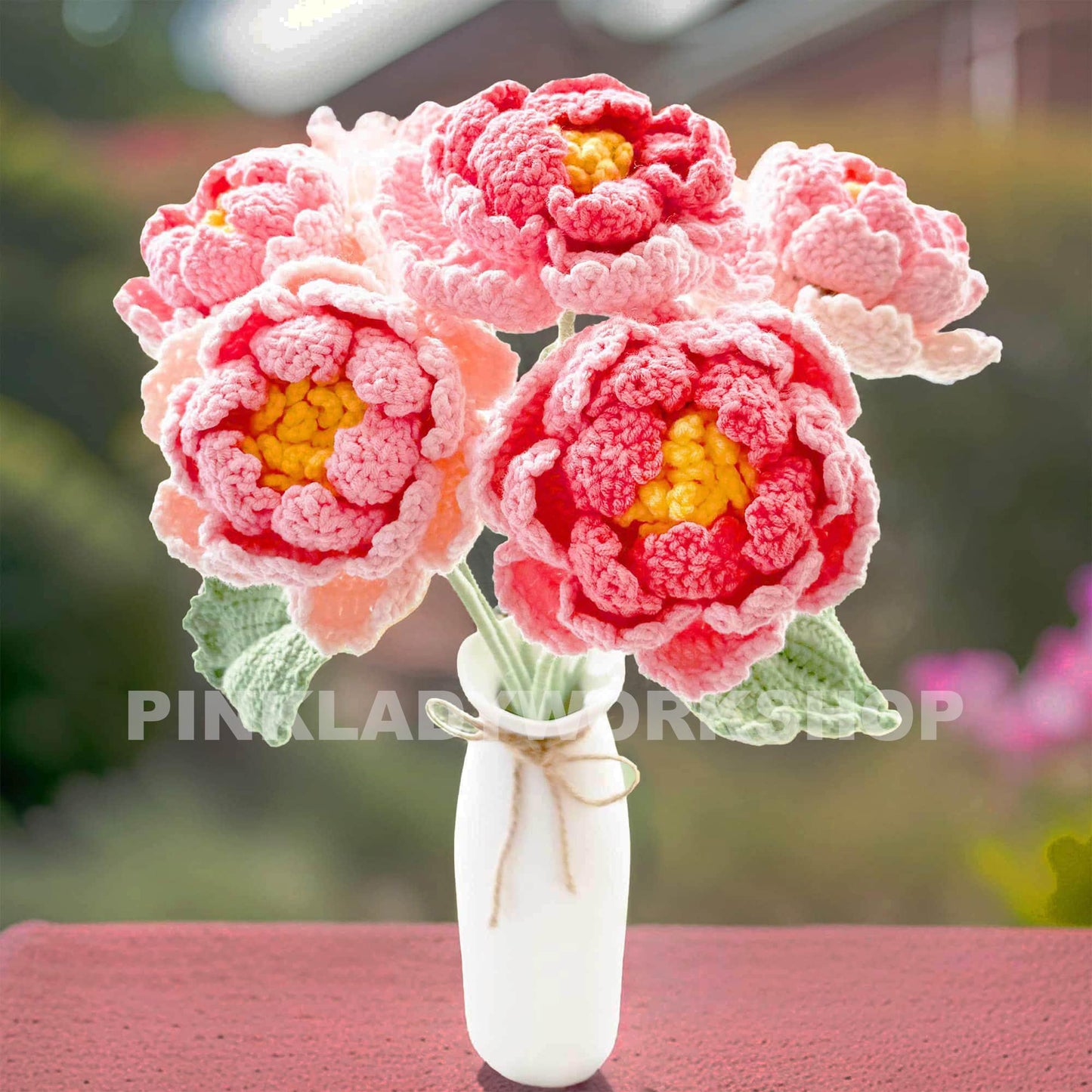 Handmade Crochet Peony Flower Stems (no vase) | Pink | Bouquet | Gift for Mom Girlfriend Teacher | Artificial Plant | Flowers Arrangement