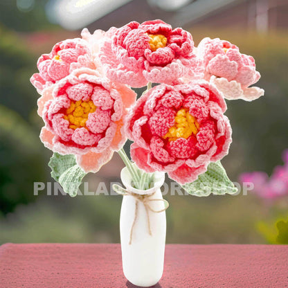 Handmade Crochet Peony Flower Stems (no vase) | Pink | Bouquet | Gift for Mom Girlfriend Teacher | Artificial Plant | Flowers Arrangement