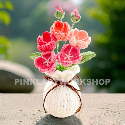 Handmade Crochet Primroses Vase: Pink & White Yarn Flowers