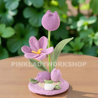 Handmade Crochet Tulip Phone Holder: Pink Desk Decor