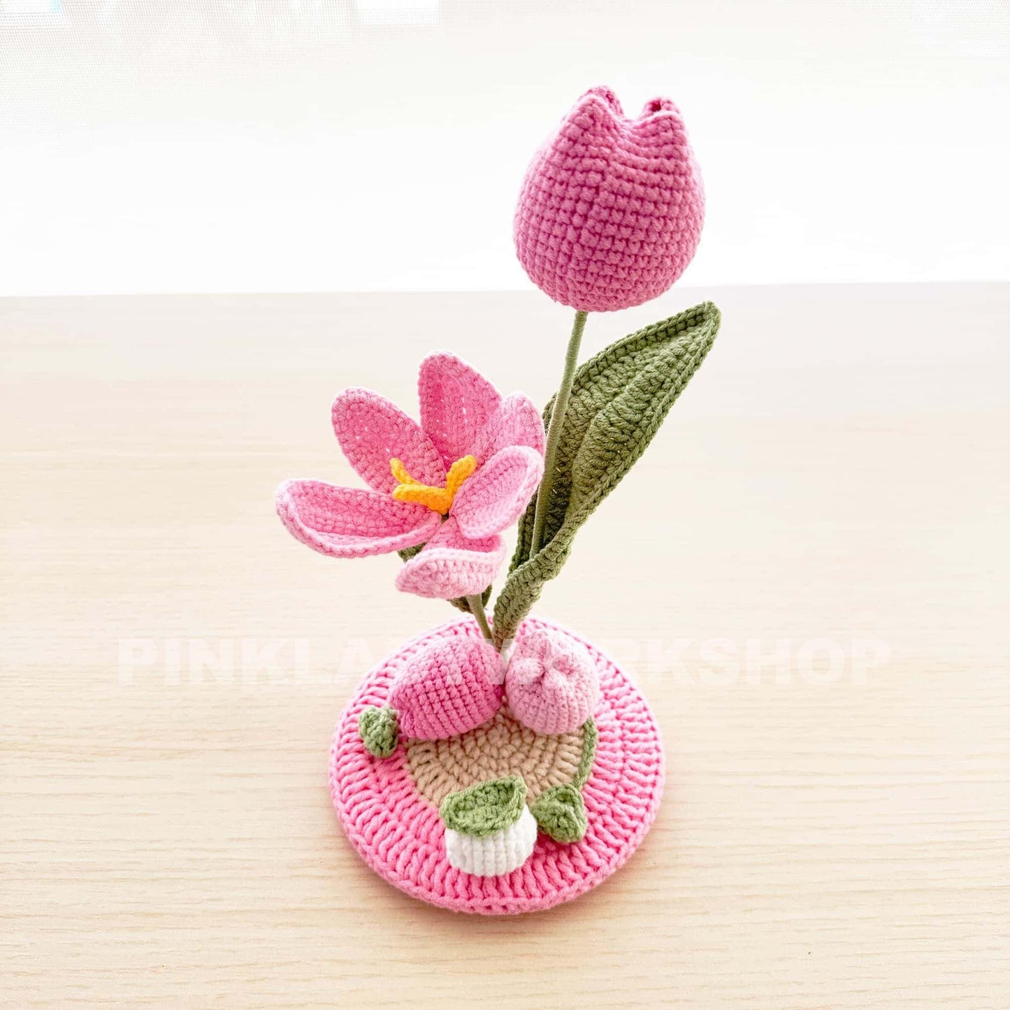 Handmade Crochet Tulip Phone Holder: Pink Desk Decor