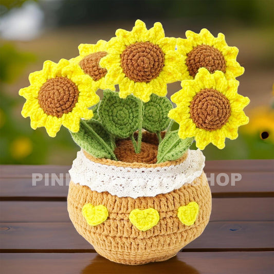 Crochet Sunflower Pot: Handmade Cotton Yarn Decor