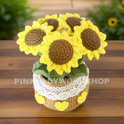 Crochet Sunflower Pot: Handmade Cotton Yarn Decor