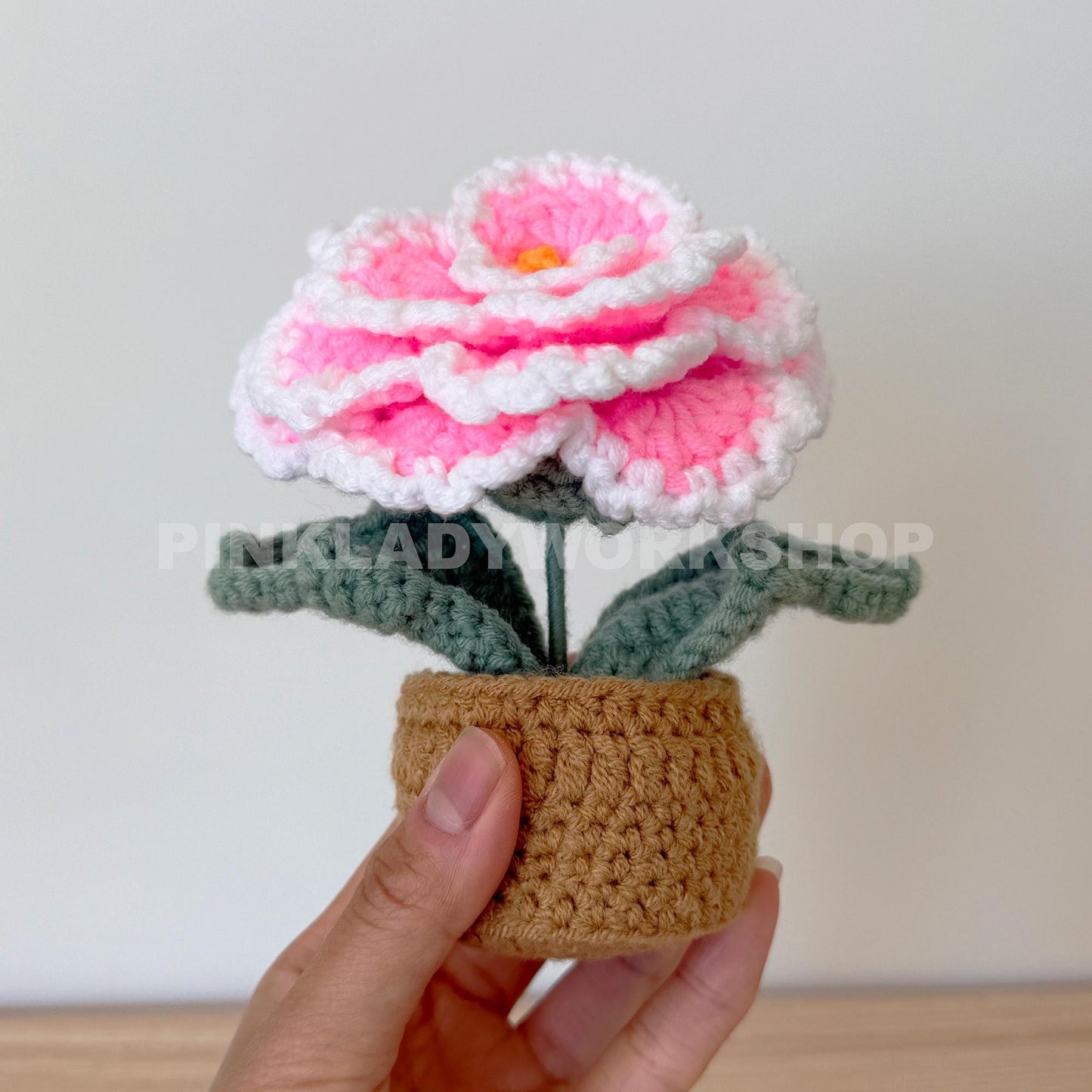 Handmade Crochet Peony Flower Pot: Pink Cotton Yarn Decor