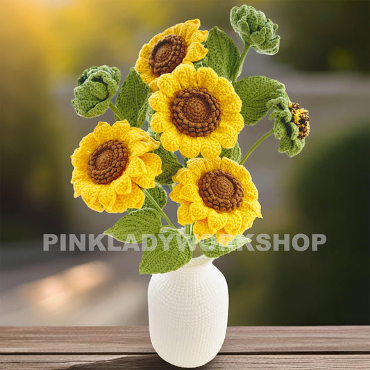 Handmade Crochet Sunflower Bouquet with Vase: Decorative Yarn Flowers
