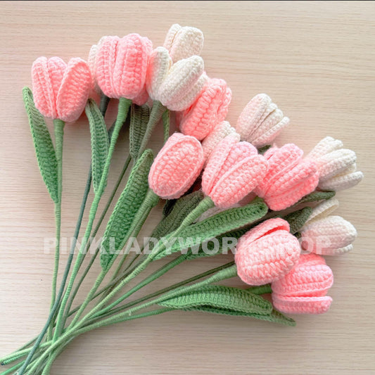 Handmade Crochet Tulip Flower Stems (no vase) | Pink | Bouquet | Gift for Mom Girlfriend Teacher | Artificial Plant | Flowers Arrangement
