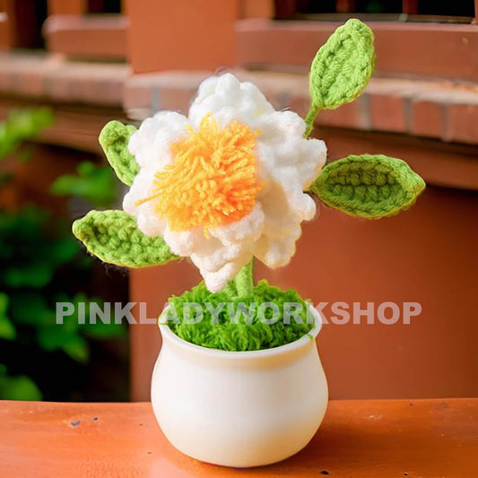 Crochet Gardenia Flower Pot: Handmade Yarn Decor, Dried Daisy
