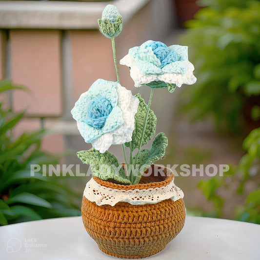 Handmade Crochet Pink Rose Pot: Yarn Flower Decor, 8" Tall