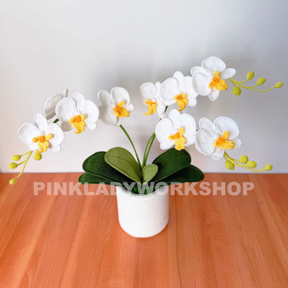 Handmade Crochet Orchid Pot: White & Green Flower Arrangement