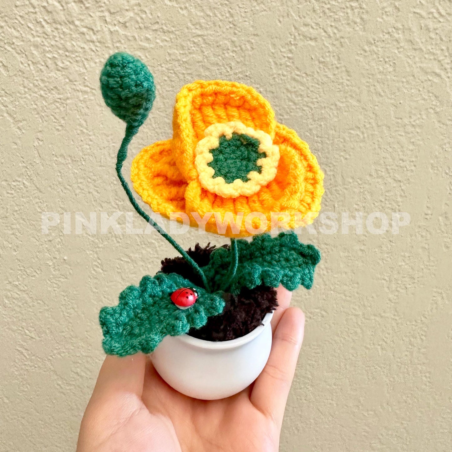 Crochet Poppy Flower Pot: Handmade Cotton Desk Decor