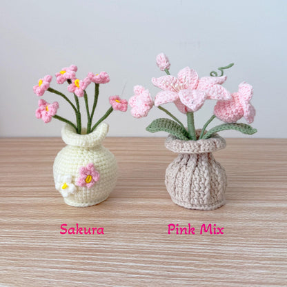 Handmade Crochet Flower Vase: Sunflower, Rose, Forget-Me-Not
