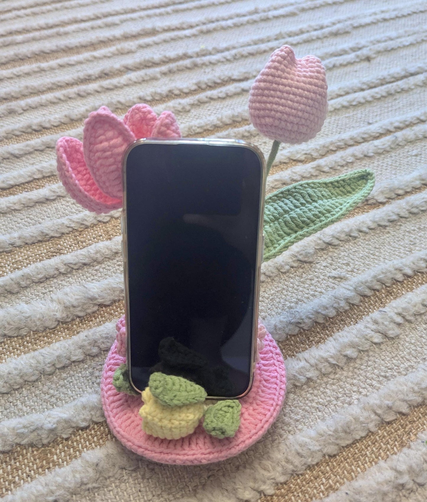 Handmade Crochet Tulip Phone Holder: Pink Desk Decor