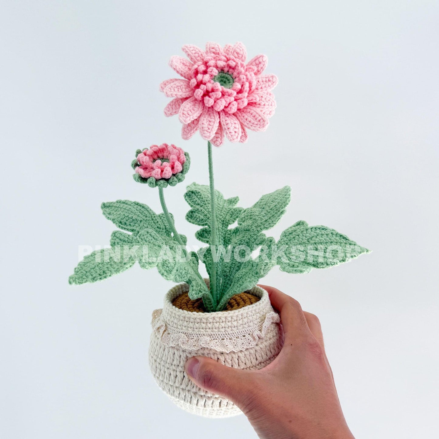 Handmade Crochet Daisy Pot: Gerbera Flower Arrangement