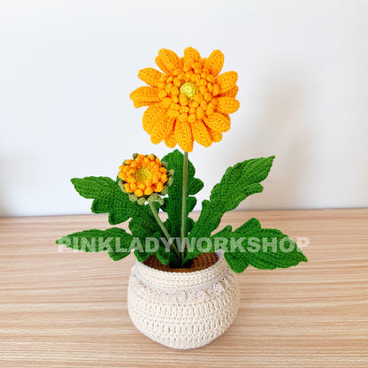 Handmade Crochet Daisy Pot: Gerbera Flower Arrangement