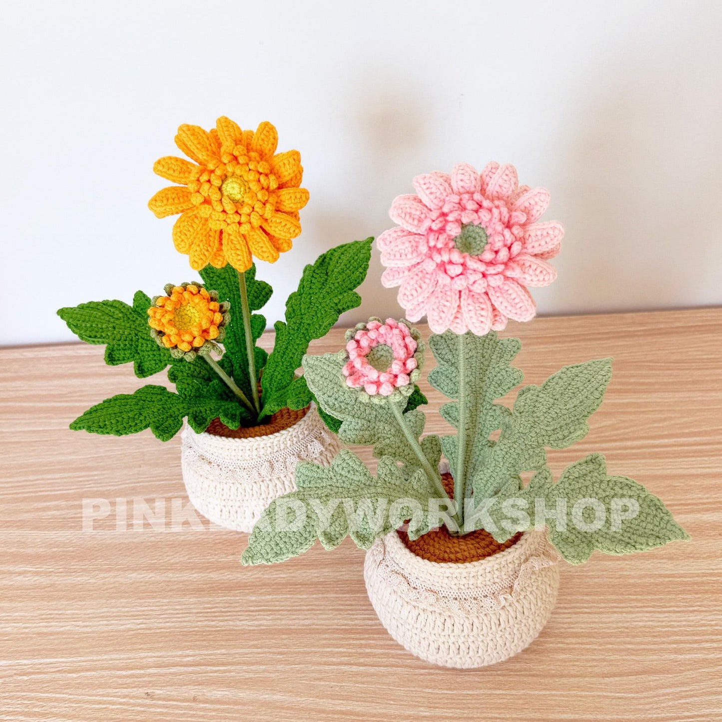 Handmade Crochet Daisy Pot: Gerbera Flower Arrangement