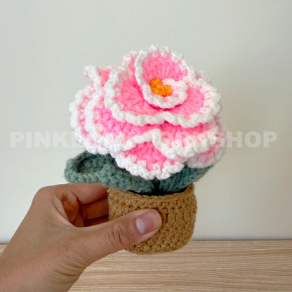 Handmade Crochet Peony Flower Pot: Pink Cotton Yarn Decor