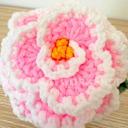 Handmade Crochet Peony Flower Pot: Pink Cotton Yarn Decor