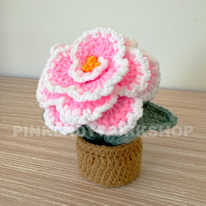 Handmade Crochet Peony Flower Pot: Pink Cotton Yarn Decor