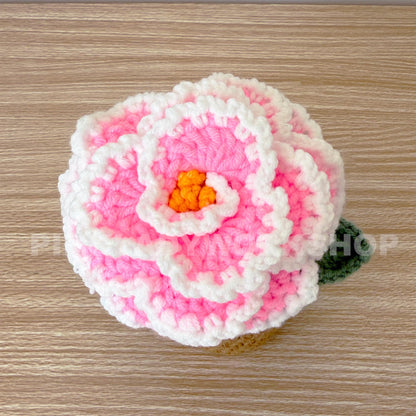 Handmade Crochet Peony Flower Pot: Pink Cotton Yarn Decor