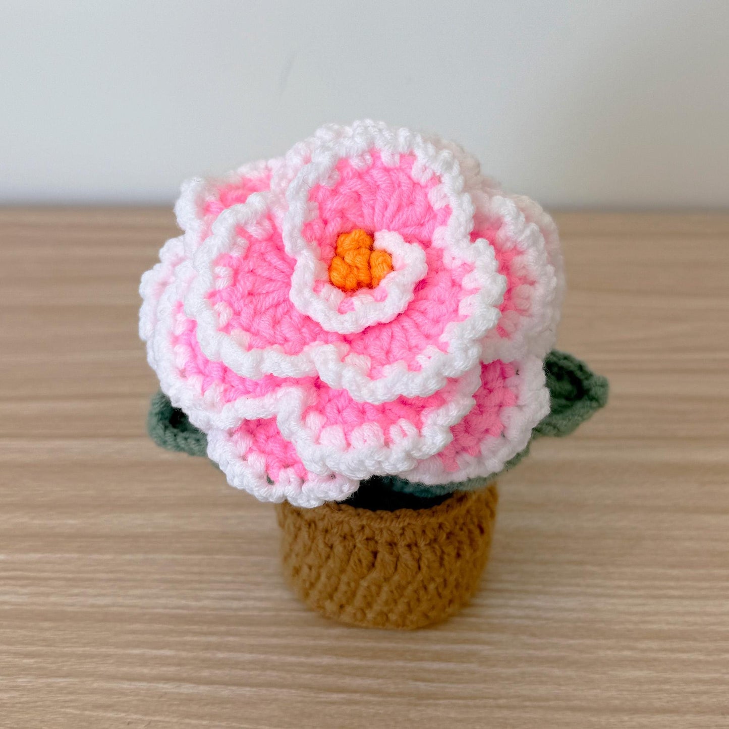 Handmade Crochet Peony Flower Pot: Pink Cotton Yarn Decor