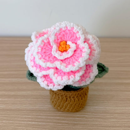 Handmade Crochet Peony Flower Pot: Pink Cotton Yarn Decor