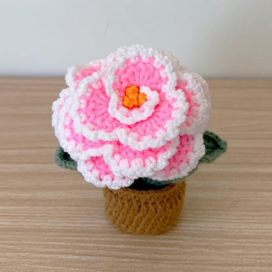 Handmade Crochet Peony Flower Pot: Pink Cotton Yarn Decor