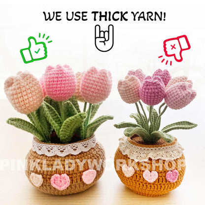 Handmade Crochet Flower Pot (included) Vase (included) | Pink Tulip Decor | Pink Crochet Flower | Decorative Plants | Crochet Flowers
