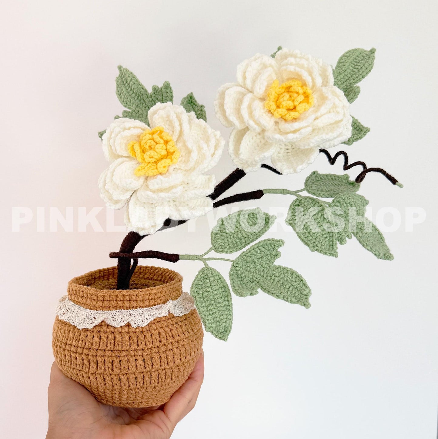 Handmade Crochet Peony Flower Bonsai Tree Pot: Cotton Yarn Home Decor | Pink | White