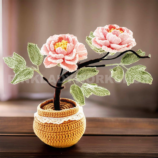 Handmade Crochet Peony Flower Bonsai Tree Pot: Cotton Yarn Home Decor | Pink | White