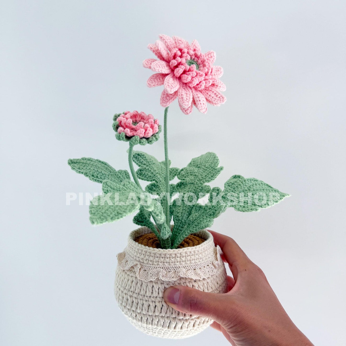 Handmade Crochet Daisy Pot: Gerbera Flower Arrangement