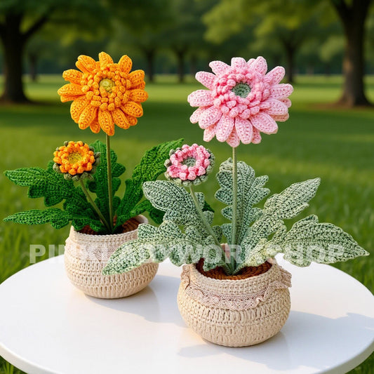 Handmade Crochet Daisy Pot: Gerbera Flower Arrangement