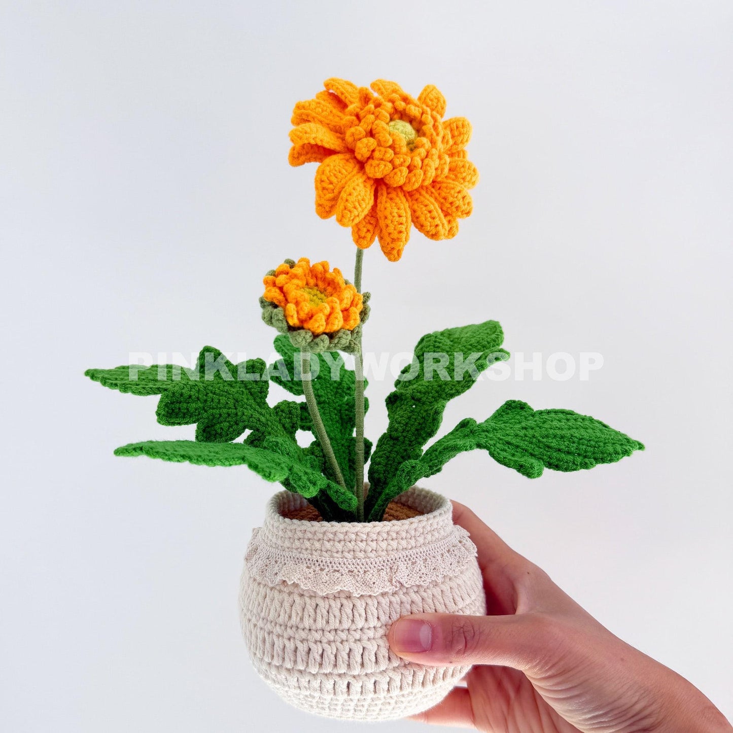 Handmade Crochet Daisy Pot: Gerbera Flower Arrangement