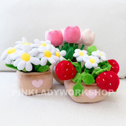 PinkLadyWorkshop Exclusive Pink Tulip | Daisy | Strawberry Pot Plush Toy: Stuffed Flower Bouquet