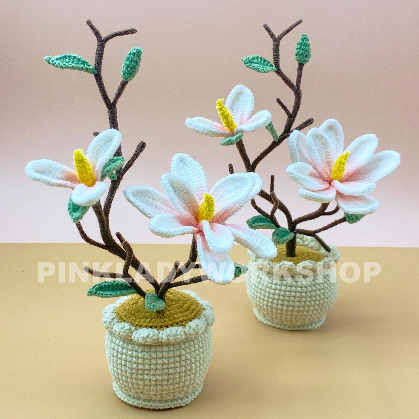 Crochet Magnolia Flower Pot | Handmade Crochet Flower Arrangement | Artificial Bloom for Home Decor & Unique Gift