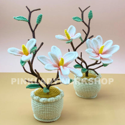 Crochet Magnolia Flower Pot | Handmade Crochet Flower Arrangement | Artificial Bloom for Home Decor & Unique Gift