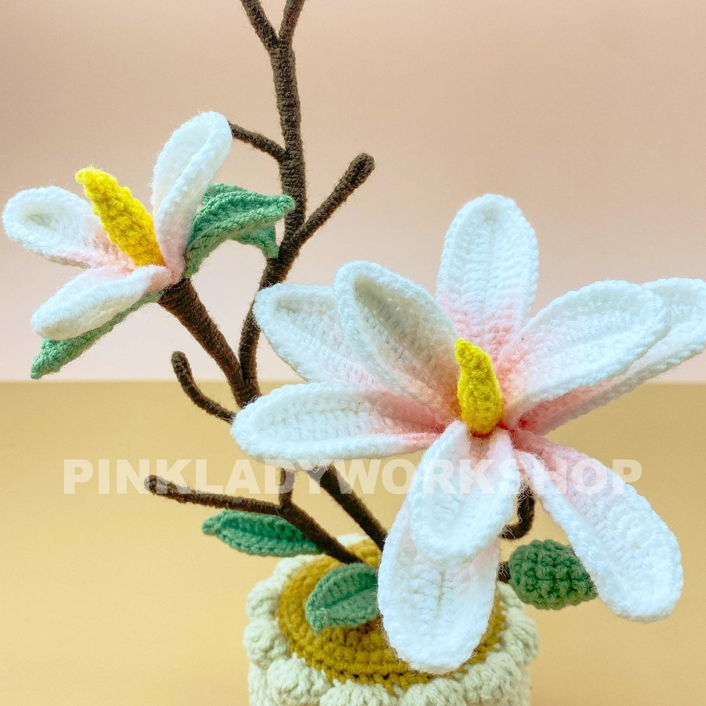 Crochet Magnolia Flower Pot | Handmade Crochet Flower Arrangement | Artificial Bloom for Home Decor & Unique Gift