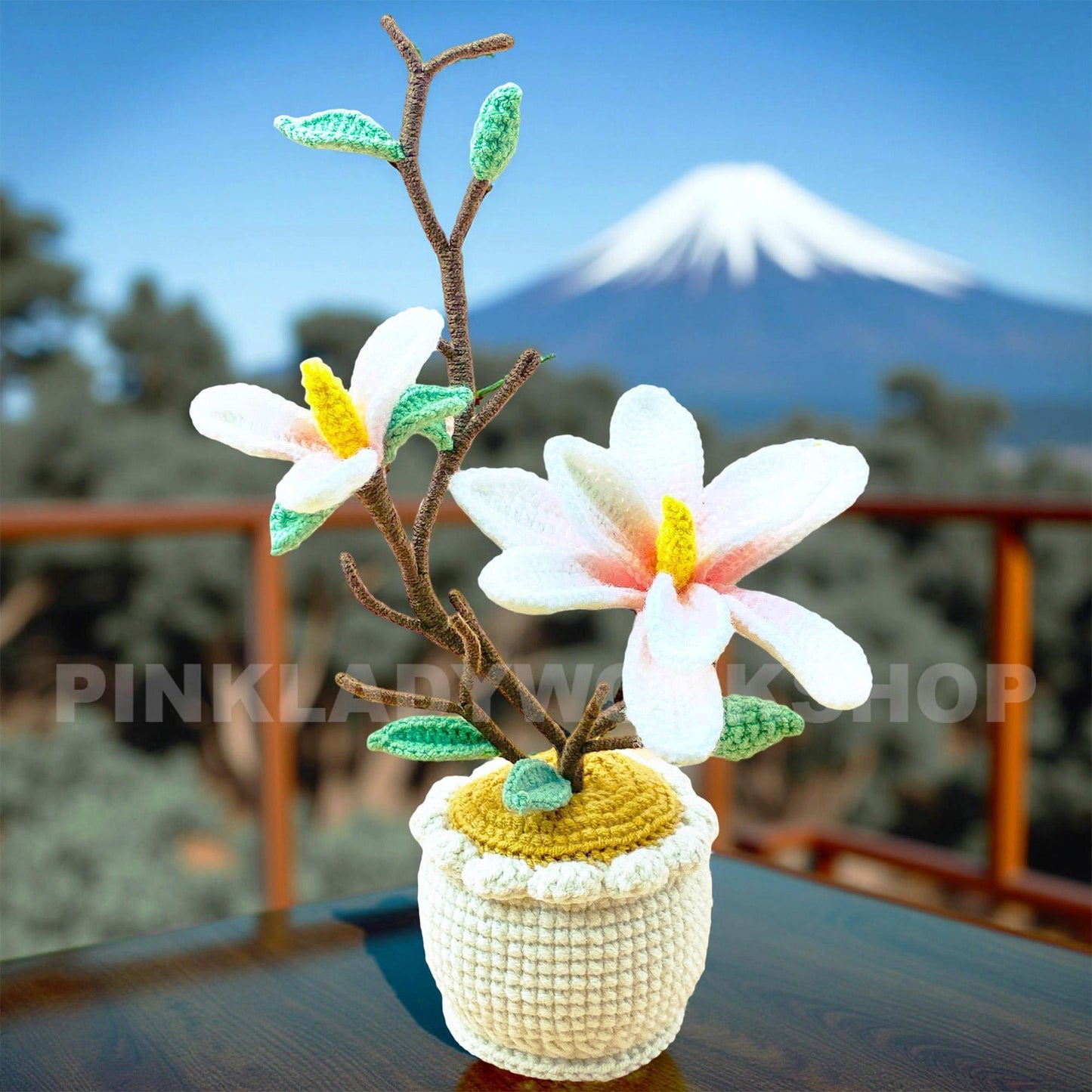 Crochet Magnolia Flower Pot | Handmade Crochet Flower Arrangement | Artificial Bloom for Home Decor & Unique Gift