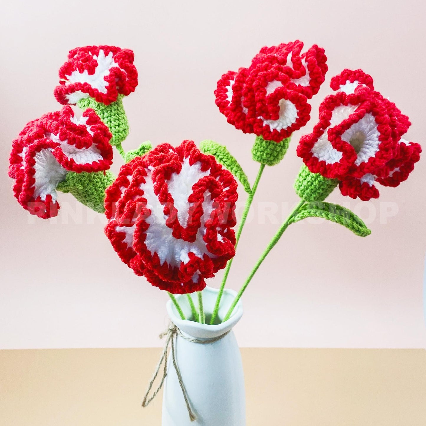 Handmade Crochet Carnation Flower Stems | Red | White| Home Decor Bouquet | Gift for Mom Girlfriend | Artificial Plant | Flowers Arrangement