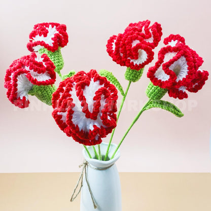 Handmade Crochet Carnation Flower Stems | Red | White| Home Decor Bouquet | Gift for Mom Girlfriend | Artificial Plant | Flowers Arrangement